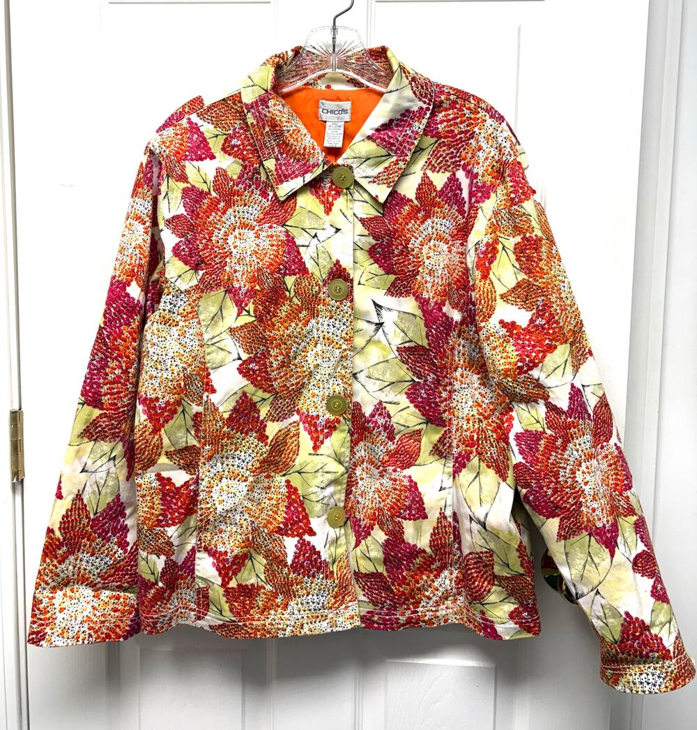 Chico’s Jacket Floral Cotton Stretch Lined Sequin Detail Button Up Size 3 or XL